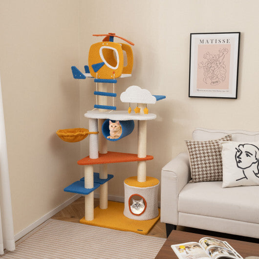 70 Inch Tall Aviation-themed Cat Tree with Helicopter Top Perch and Platforms-Yellow