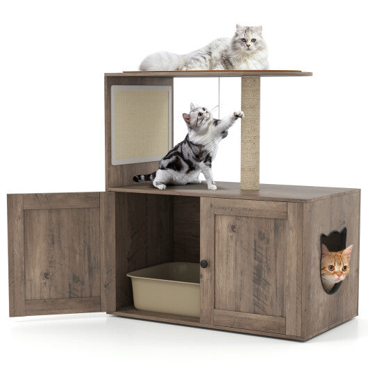 34.5 Inch Cat Tree with Litter Box Enclosure with Sisal Scratching Post and Mat-Gray