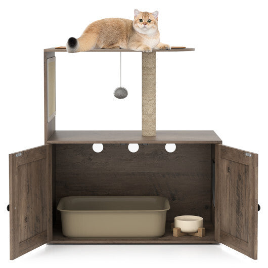 34.5 Inch Cat Tree with Litter Box Enclosure with Sisal Scratching Post and Mat-Gray