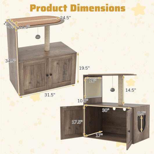 34.5 Inch Cat Tree with Litter Box Enclosure with Sisal Scratching Post and Mat-Gray