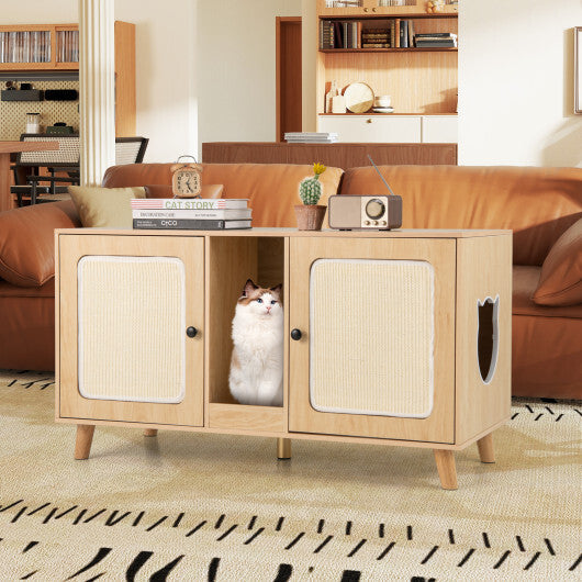 43 Inches Cat Litter Box Enclosure with Double Rooms and 2 Sisal Scratching Mats-Natural W2B