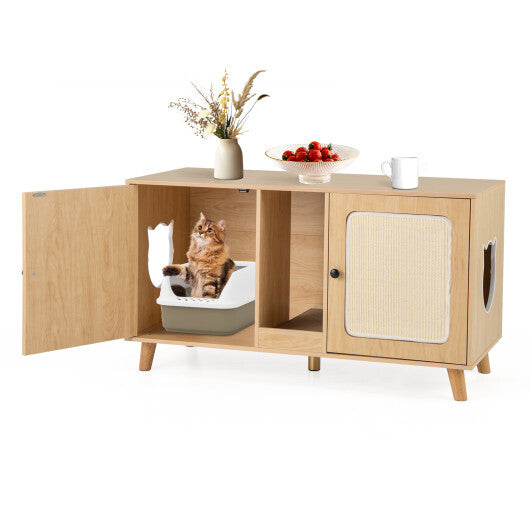 43 Inches Cat Litter Box Enclosure with Double Rooms and 2 Sisal Scratching Mats-Natural W2B