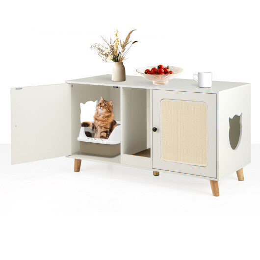 43 Inches Cat Litter Box Enclosure with Double Rooms and 2 Sisal Scratching Mats-Natural W2B