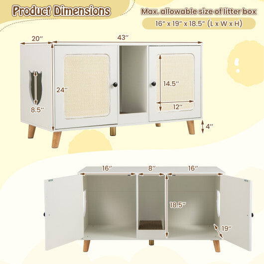 43 Inches Cat Litter Box Enclosure with Double Rooms and 2 Sisal Scratching Mats-Natural W2B