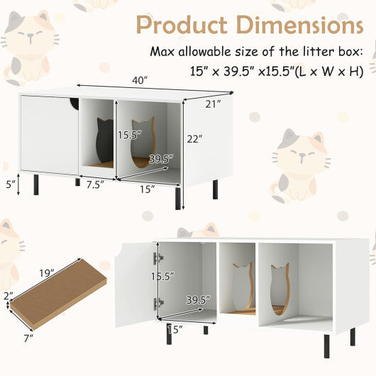 40 Inch Cat Litter Box Enclosure for 2 Cats Hidden Cat Washroom-White W2B