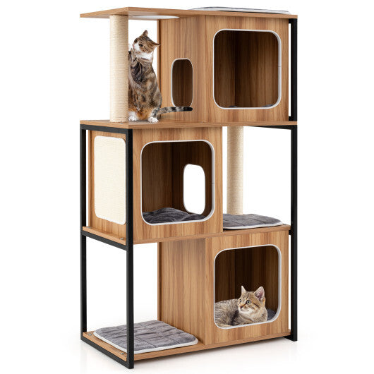 Modern Cat Tree Cat House with Metal Frame and Scratching Posts-Natural