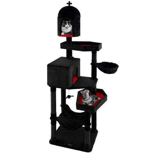 Gothic Cat Tree with 2 Cat Condos and Coffin Bed for Indoor Cats-Black W2B