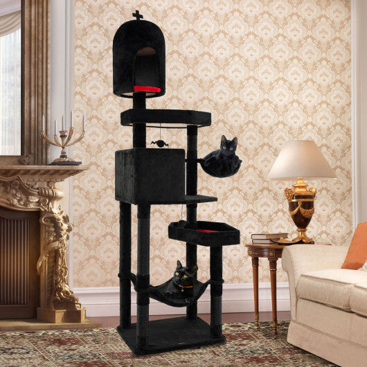 Gothic Cat Tree with 2 Cat Condos and Coffin Bed for Indoor Cats-Black W2B