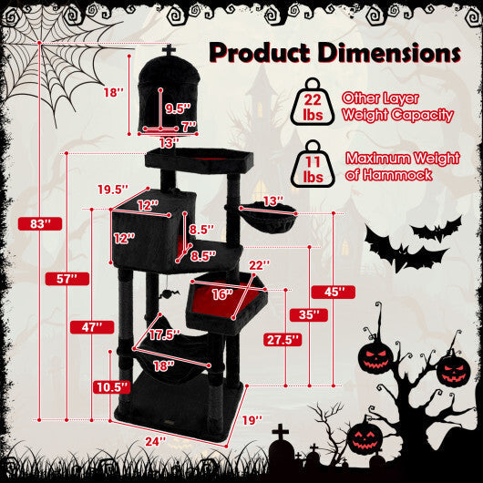 Gothic Cat Tree with 2 Cat Condos and Coffin Bed for Indoor Cats-Black W2B
