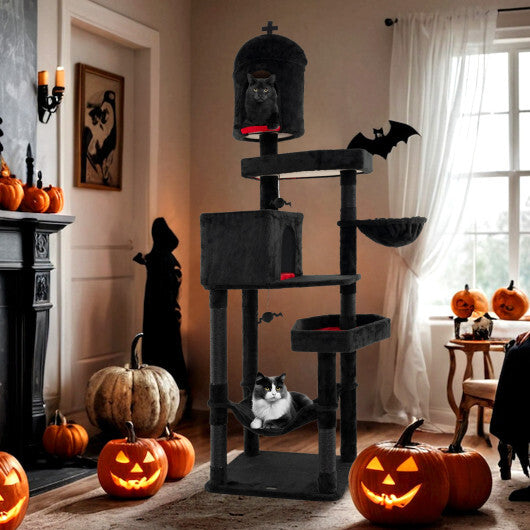 Gothic Cat Tree with 2 Cat Condos and Coffin Bed for Indoor Cats-Black W2B