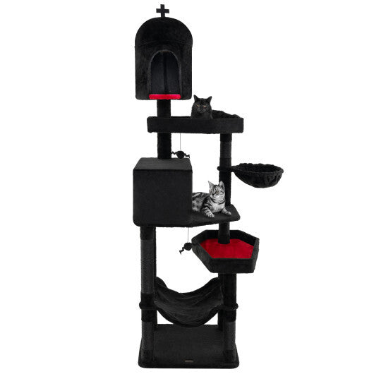 Gothic Cat Tree with 2 Cat Condos and Coffin Bed for Indoor Cats-Black W2B