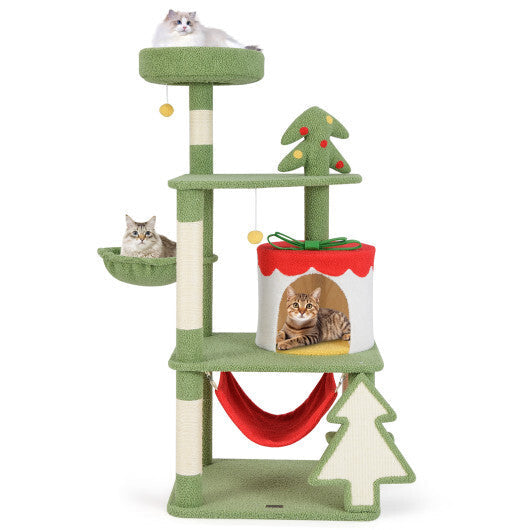 Cute Christmas Cat Tree with Sisal Scratching Posts and Gift Box Shaped Condo-Green W2B