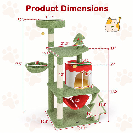 Cute Christmas Cat Tree with Sisal Scratching Posts and Gift Box Shaped Condo-Green W2B