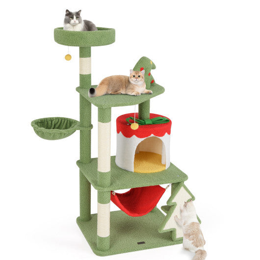 Cute Christmas Cat Tree with Sisal Scratching Posts and Gift Box Shaped Condo-Green W2B