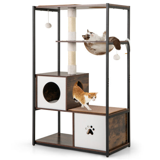 52 Inch Tall Wooden Cat Tree Metal Frame with 2 Condos and Cushions-Coffee W2B