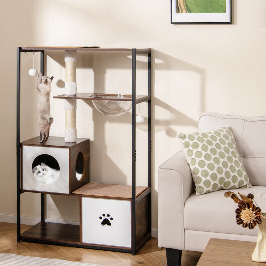 52 Inch Tall Wooden Cat Tree Metal Frame with 2 Condos and Cushions-Coffee W2B