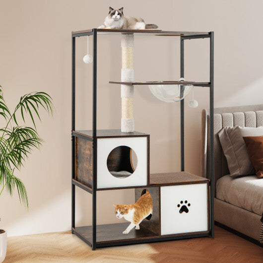 52 Inch Tall Wooden Cat Tree Metal Frame with 2 Condos and Cushions-Coffee W2B