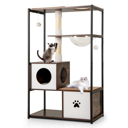 52 Inch Tall Wooden Cat Tree Metal Frame with 2 Condos and Cushions-Coffee W2B