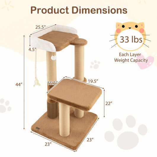 44 Inches Modern Cat Tree for Indoor Cats with Plush Padded Perch and Dangling Ball-Coffee W2B