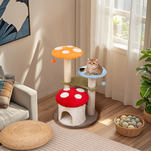 35 Inch Tall Cat Tower with Sisal Scratching Posts Cat Condo and Padded Platforms-Multicolor W2B