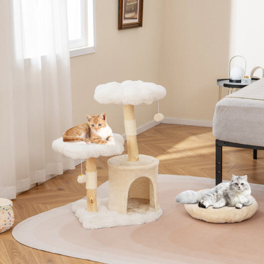 Cute Solid Wood Cat Tree Natural Branch Modern Flower Cat Tower with Sisal Scratching Posts-Beige W2B