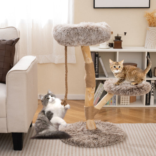 Modern Wooden Cat Tree Tower with Perch and Natural Jute Scratching Posts-Brown