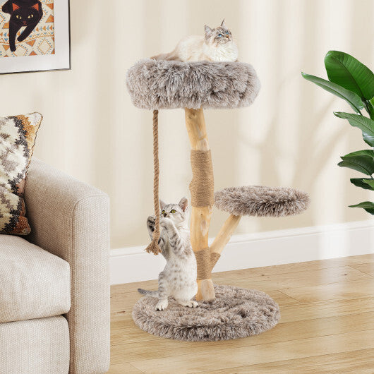 Modern Wooden Cat Tree Tower with Perch and Natural Jute Scratching Posts-Brown