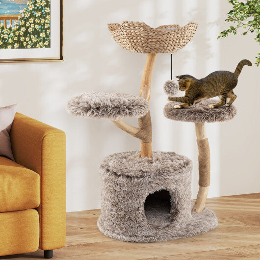 Wood Cat Tree Solid Pear Cat Tree with Perch and Sisal Scratching Posts-Brown