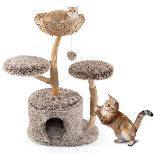 Wood Cat Tree Solid Pear Cat Tree with Perch and Sisal Scratching Posts-Brown