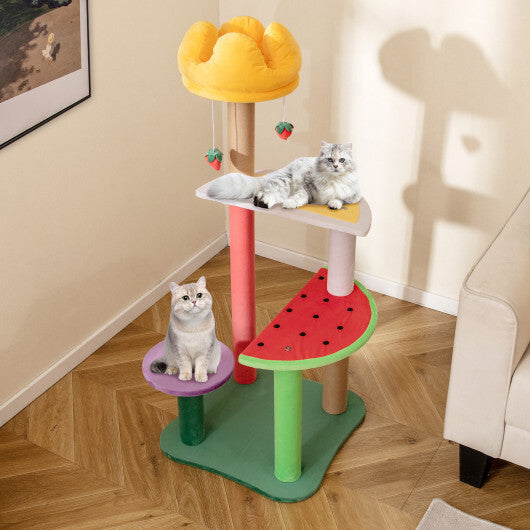 45 Inch Multi-Level Cat Tree with Plush Padded Top Perch and Fruit-Shaped Platforms W2B