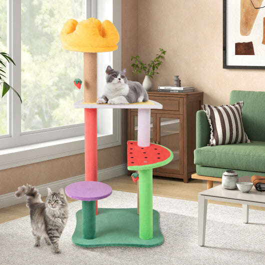 45 Inch Multi-Level Cat Tree with Plush Padded Top Perch and Fruit-Shaped Platforms W2B