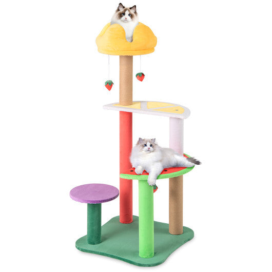 45 Inch Multi-Level Cat Tree with Plush Padded Top Perch and Fruit-Shaped Platforms W2B