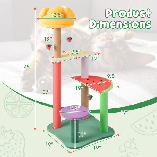 45 Inch Multi-Level Cat Tree with Plush Padded Top Perch and Fruit-Shaped Platforms W2B