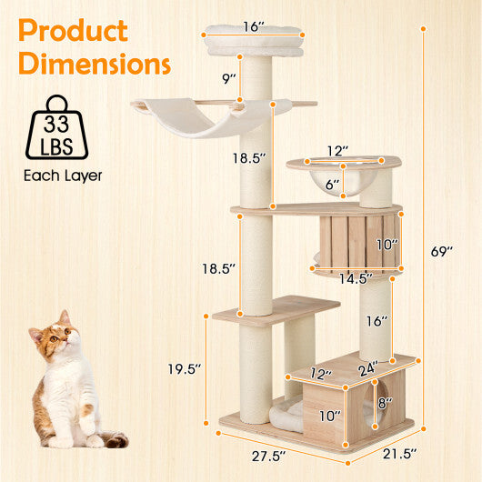 69 Inches Tall Cat Tree with Cozy Top Perch and Washable Plush Cushions W2B