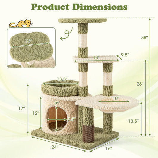 38 Inch Tall Multi-Level Aesthetic Kitten Tower with Condo and Bed-Green W2B