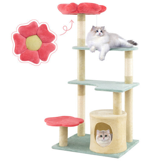 49 Inch Tall Multi-Level Aesthetic Floral Kitten Tower with Flower-Shaped Plush Padded Perch-Multicolor W2B