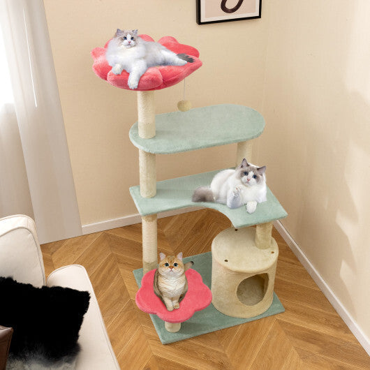 49 Inch Tall Multi-Level Aesthetic Floral Kitten Tower with Flower-Shaped Plush Padded Perch-Multicolor W2B