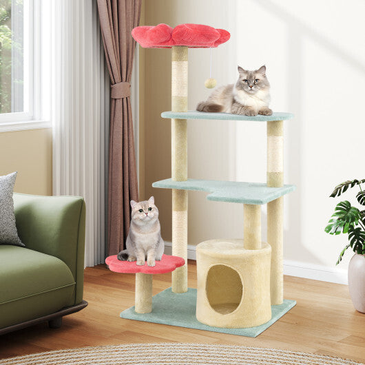 49 Inch Tall Multi-Level Aesthetic Floral Kitten Tower with Flower-Shaped Plush Padded Perch-Multicolor W2B
