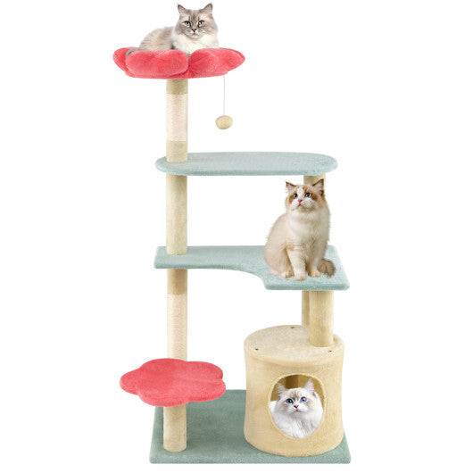 49 Inch Tall Multi-Level Aesthetic Floral Kitten Tower with Flower-Shaped Plush Padded Perch-Multicolor W2B