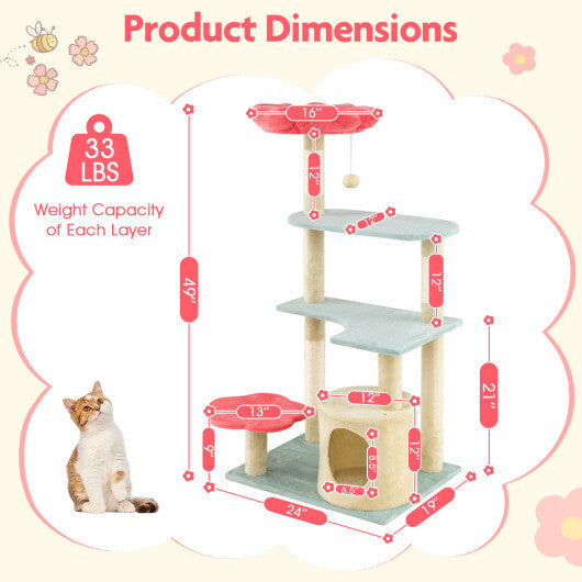 49 Inch Tall Multi-Level Aesthetic Floral Kitten Tower with Flower-Shaped Plush Padded Perch-Multicolor W2B