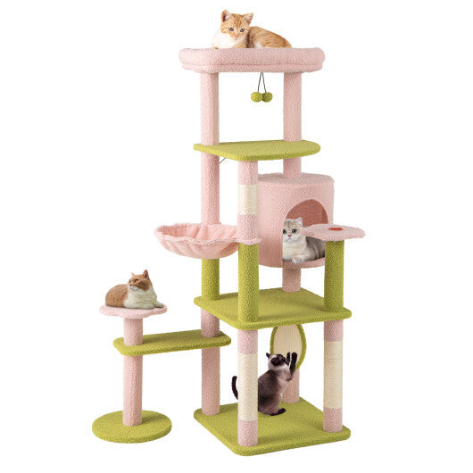 58 Inch Tall Multi-Level Cat Tree Aesthetic Floral Kitten Tower-Pink W2B