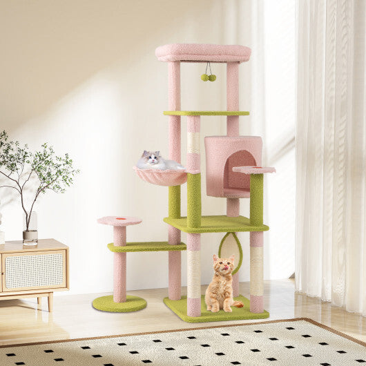 58 Inch Tall Multi-Level Cat Tree Aesthetic Floral Kitten Tower-Pink W2B