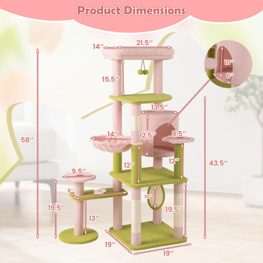 58 Inch Tall Multi-Level Cat Tree Aesthetic Floral Kitten Tower-Pink W2B