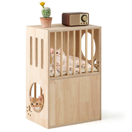 2-tier Wooden Cat Condo Indoor Symmetrical Cat House with Removable Cushions W2B