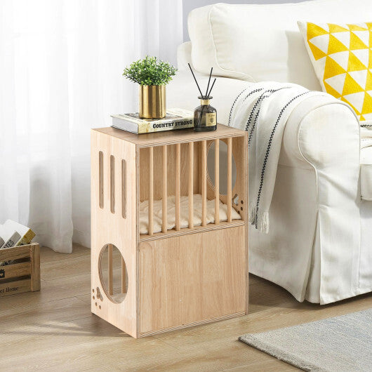 2-tier Wooden Cat Condo Indoor Symmetrical Cat House with Removable Cushions W2B