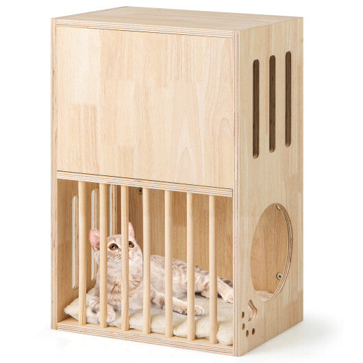 2-tier Wooden Cat Condo Indoor Symmetrical Cat House with Removable Cushions W2B