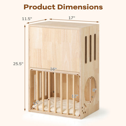2-tier Wooden Cat Condo Indoor Symmetrical Cat House with Removable Cushions W2B