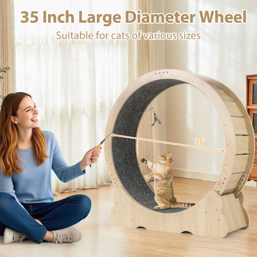 40 Inch Large Cat Exercise Wheel with Lockable Mechanism and Carpeted Runaway for Indoor Cats-Natural