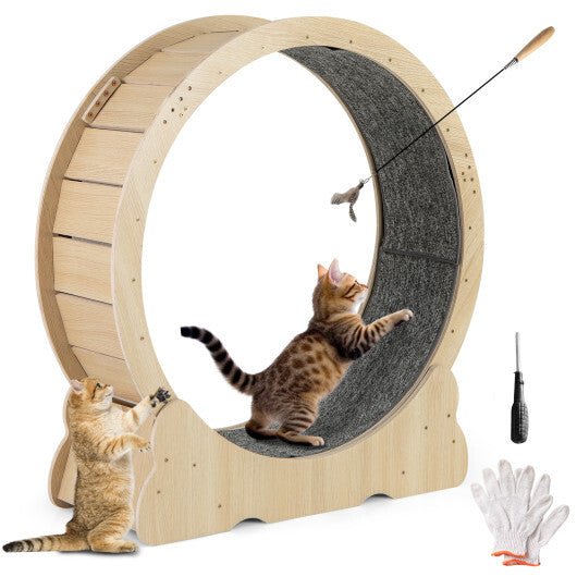 40 Inch Large Cat Exercise Wheel with Lockable Mechanism and Carpeted Runaway for Indoor Cats-Natural