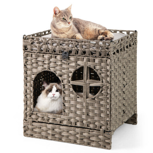 Foldable 2-tier Rattan Cat Litter Box Enclosure with Litter Mat-Grey
